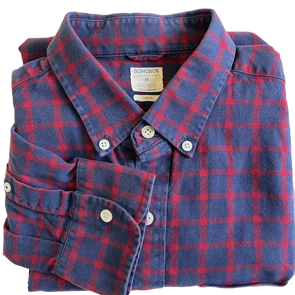 Bonobos Mens Slim Fit Plaid Red /Blue Long Sleeve Button Shirt, M